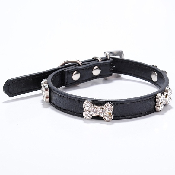 Dog Pet Bling Bone PU Leather Collar Rhinestone - Picture 2 of 5